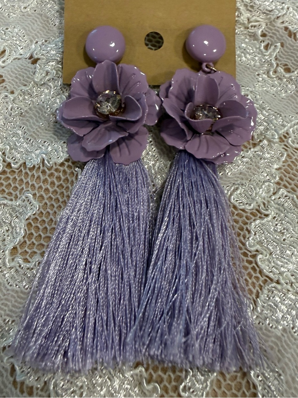 Purple floral tassel rhinestone dangle drop post earrings fairy cottage whimsy